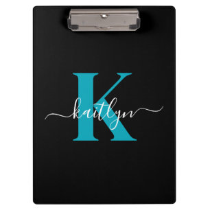 Modern Black Teal Script Monogram Clipboard