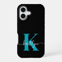 Modern Black Teal Script Monogram