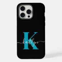 Modern Black Teal Script Monogram