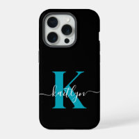 Modern Black Teal Script Monogram