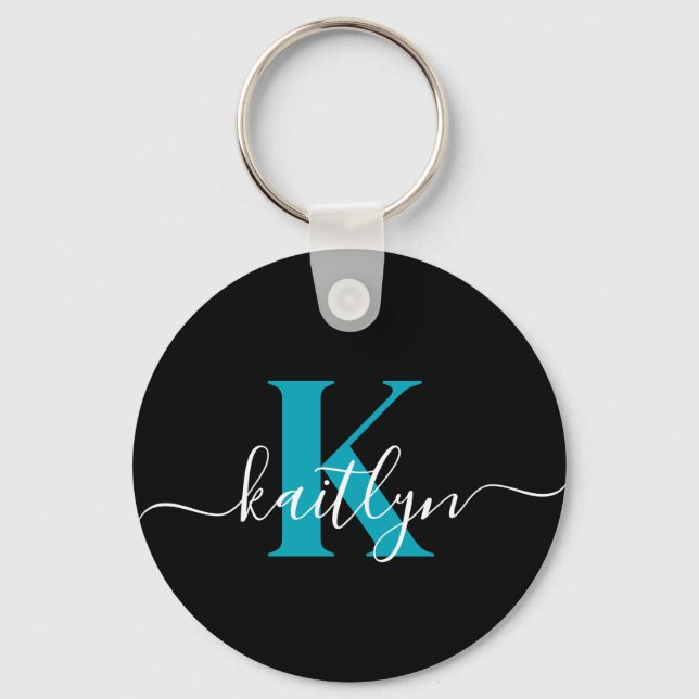 Modern Black Teal Script Monogram Key Ring (Front)