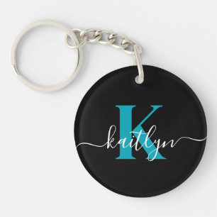 Modern Black Teal Script Monogram Key Ring