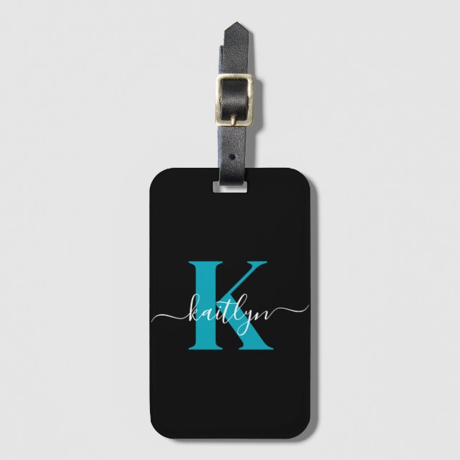 Modern Black Teal Script Monogram Luggage Tag (Front Vertical)