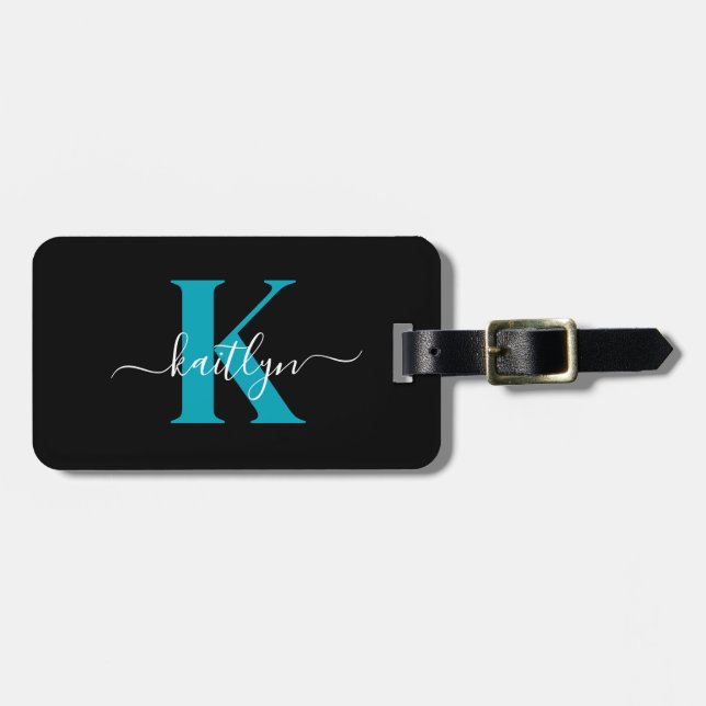 Modern Black Teal Script Monogram Luggage Tag (Front Horizontal)