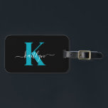 Modern Black Teal Script Monogram Luggage Tag<br><div class="desc">This simple, elegant black luggage tag with your first name in a trendy script font in white typed over your first initial in a modern cap font in teal on one side and a slide in card for your name, address and phone number on the other would look fabulous on...</div>