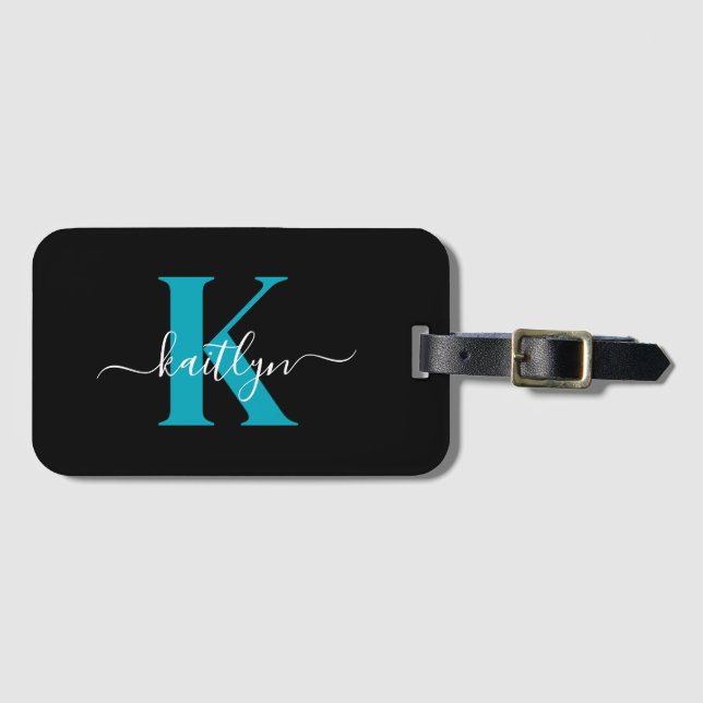 Modern Black Teal Script Monogram Luggage Tag (Front Horizontal)