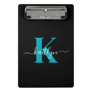 Modern Black Teal Script Monogram Mini Clipboard
