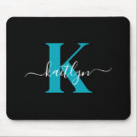 Modern Black Teal Script Monogram Mouse Pad<br><div class="desc">This simple,  elegant black mousepad with your first name in a trendy script font in white typed over your first initial in a modern cap font in teal is perfect for your office/desk.  It's stylish and trendy and yet very classic.</div>