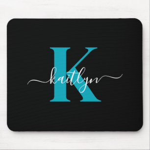 Modern Black Teal Script Monogram Mouse Pad