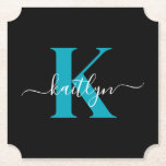 Modern Black Teal Script Monogram Paper Coaster<br><div class="desc">These simple, elegant black ticket shaped paper coasters with your first name in a trendy script font in white typed over your first initial in a modern cap font in teal are perfect for keeping your tables and counters free from water rings. They absorb droplets so you don't have to...</div>
