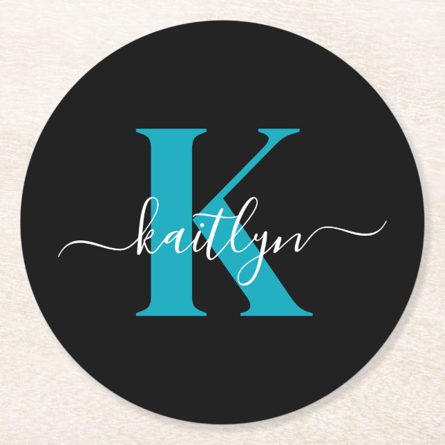 Modern Black Teal Script Monogram Round Paper Coaster (Front)