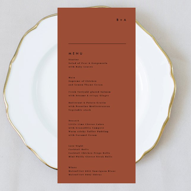 Modern Black Terracotta Stripe Monogram Wedding Menu (Creator Uploaded)