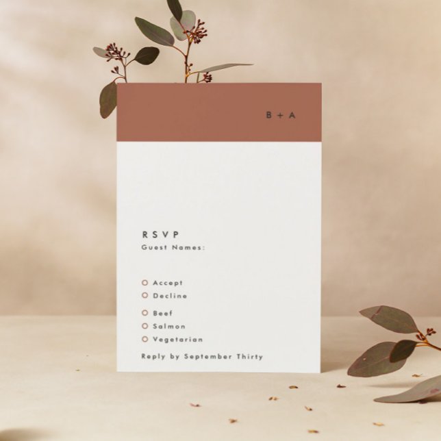 Modern Black Terracotta Stripe Monogram Wedding RSVP Card (Creator Uploaded)