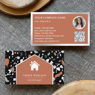 Modern Black Terrazzo Real Estate Photo QR Code Business Card