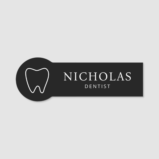 Modern Black Tooth Dentist Dental Clinic Name Tag (Front)