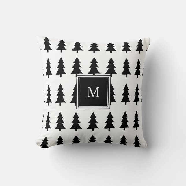 Modern black trees family monogram Christmas Cushion (Front)