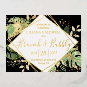 Modern Black Tropical Bridal Brunch & Bubbly Gold Foil Invitation Postcard