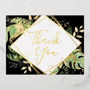 Modern Black Tropical Foliage Wedding Thank You Foil Invitation Postcard
