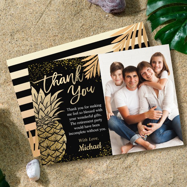 Modern Black Tropical Gold Pineapple Summer Photo Thank You Card (Creator Uploaded)