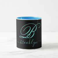 Modern Black Turquoise Handwritten Monogrammed