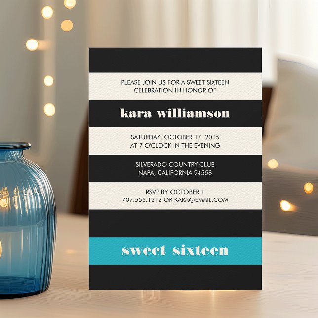 Modern Black & Turquoise Stripe Sweet Sixteen Invitation (Creator Uploaded)