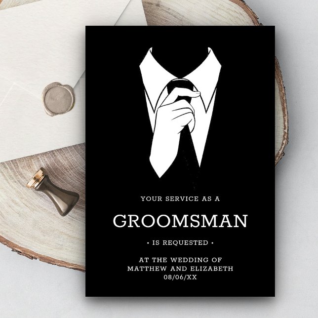 Modern Black Tuxedo Groomsman Request Invitation (Creator Uploaded)