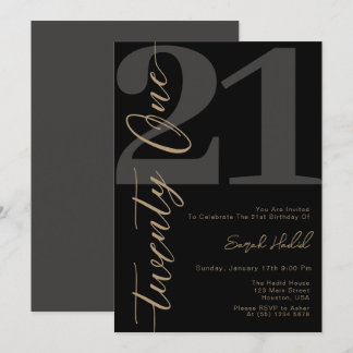 Modern Black Twenty One 21st Birthday Invitation