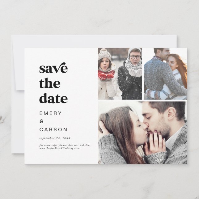 Modern Black Typography 3 Photo Collage Save The Date (Front)