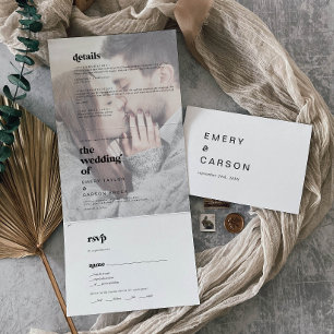 Modern Black Typography Faded Photo Name Wedding Tri-Fold Invitation
