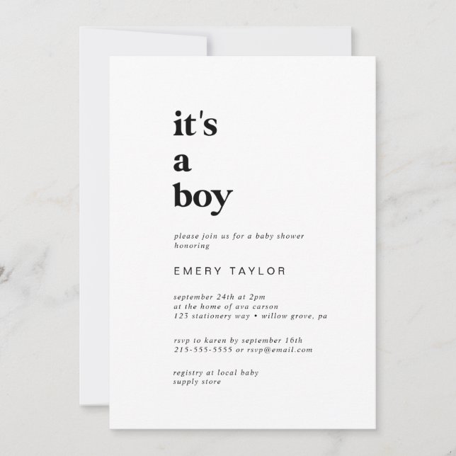 Modern Black Typography It's A Boy Baby Shower Invitation (Front)