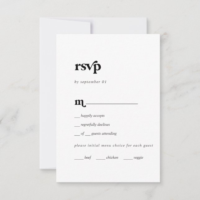 Modern Black Typography Menu Choice RSVP Card (Front)