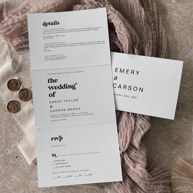 Modern Black Typography Photo Wedding All In One Tri-Fold Invitation (Creator Uploaded)
