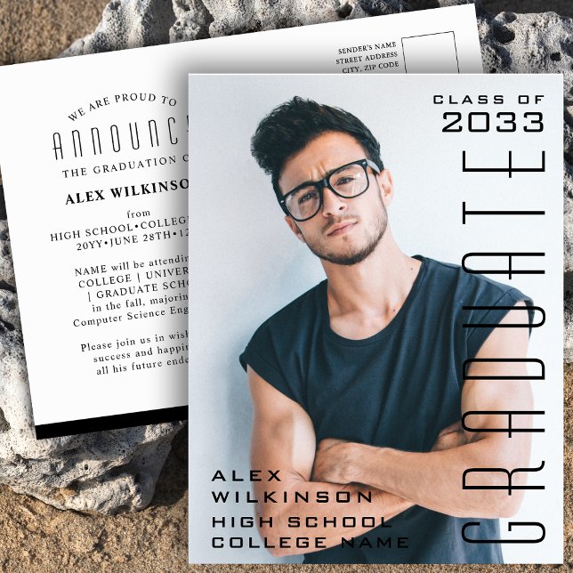 Modern Black Typography Simple Photo Graduation Announcement Postcard (Creator Uploaded)