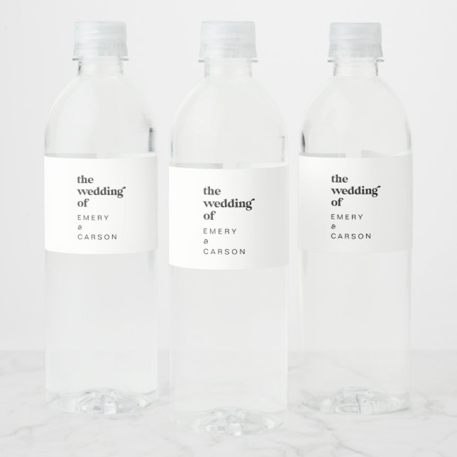 Modern Black Typography Wedding Water Bottle Label (Bottles)