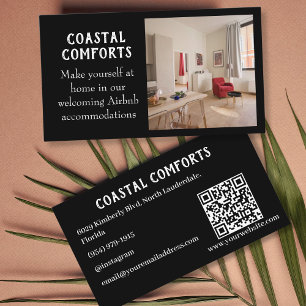 Modern Black Vacation Rental Airbnb QR code Business Card
