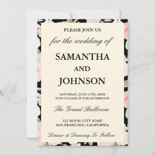 Modern Black Vintage Ivory Floral Photo Wedding Invitation