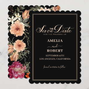 Modern black watercolor floral fall wedding save the date