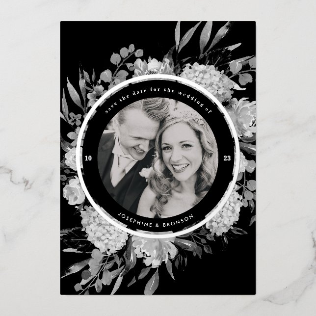Modern Black Watercolor Floral Photo Save the Date (Front)