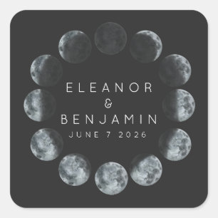 Modern Black Watercolor Moon Phases Wedding Custom Square Sticker