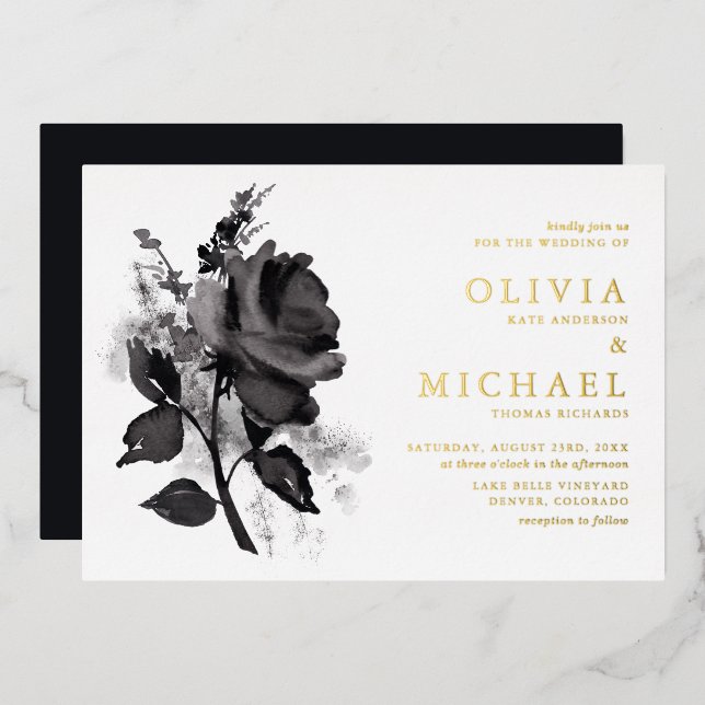 Modern Black Watercolor Rose Minimalist Wedding (Front/Back)