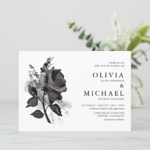 Modern Black Watercolor Rose Minimalist Wedding Invitation