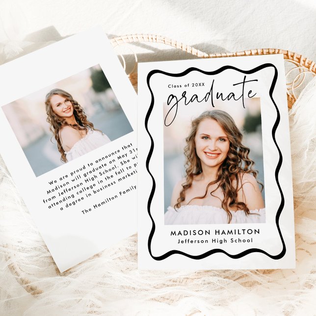 Modern Black Wavy Frame 2 Photo Graduation Announcement (Creator Uploaded)