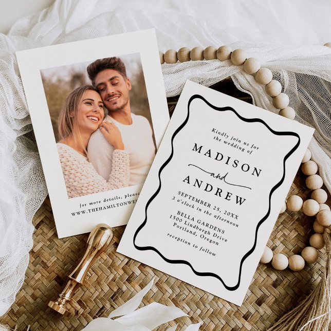 Modern Black Wavy Frame Photo Wedding Invitation (Creator Uploaded)
