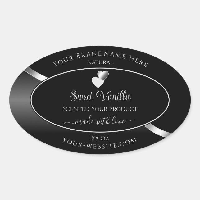 Modern Black Wavy Silver Cute Hearts Product Label (Front)