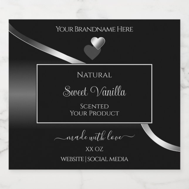 Modern Black Wavy Silver Cute Hearts Product Label (Single Label)