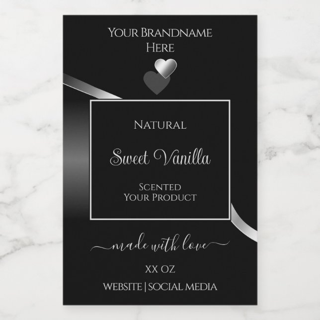 Modern Black Wavy Silver Cute Hearts Product Label (Single Label)