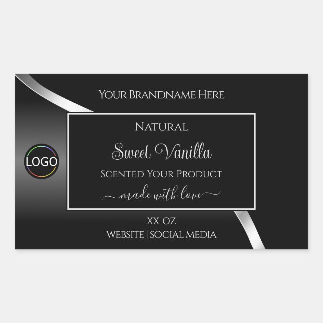 Modern Black Wavy Silver with Logo Product Labels (Front)