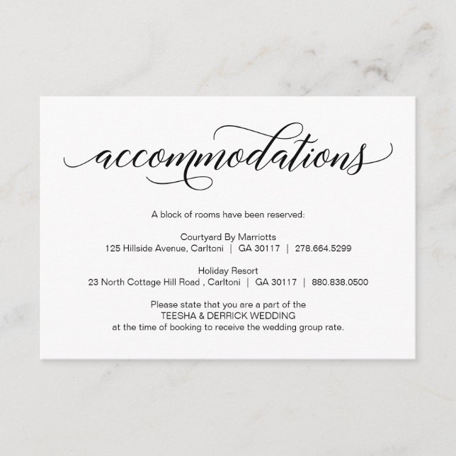 Modern Black Wedding Calligraphy, Accommodations Enclosure Card (Front)