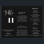 Modern Black Wedding Menu Program Trifold<br><div class="desc">Turn this paper sheet into a modern black wedding tri-fold menu, table number and program with information about the timeline, things that are good to know, food and bar menu. Simply fold, tape the seam on the back and use this modern wedding stationery program for your wedding reception. Background colour...</div>