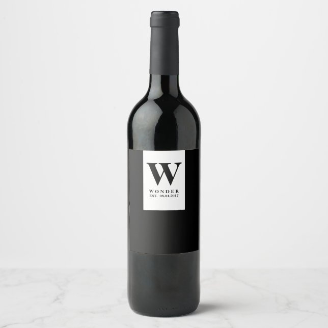 Modern Black Wedding Monogram | Minimalist Wine Label (Front)